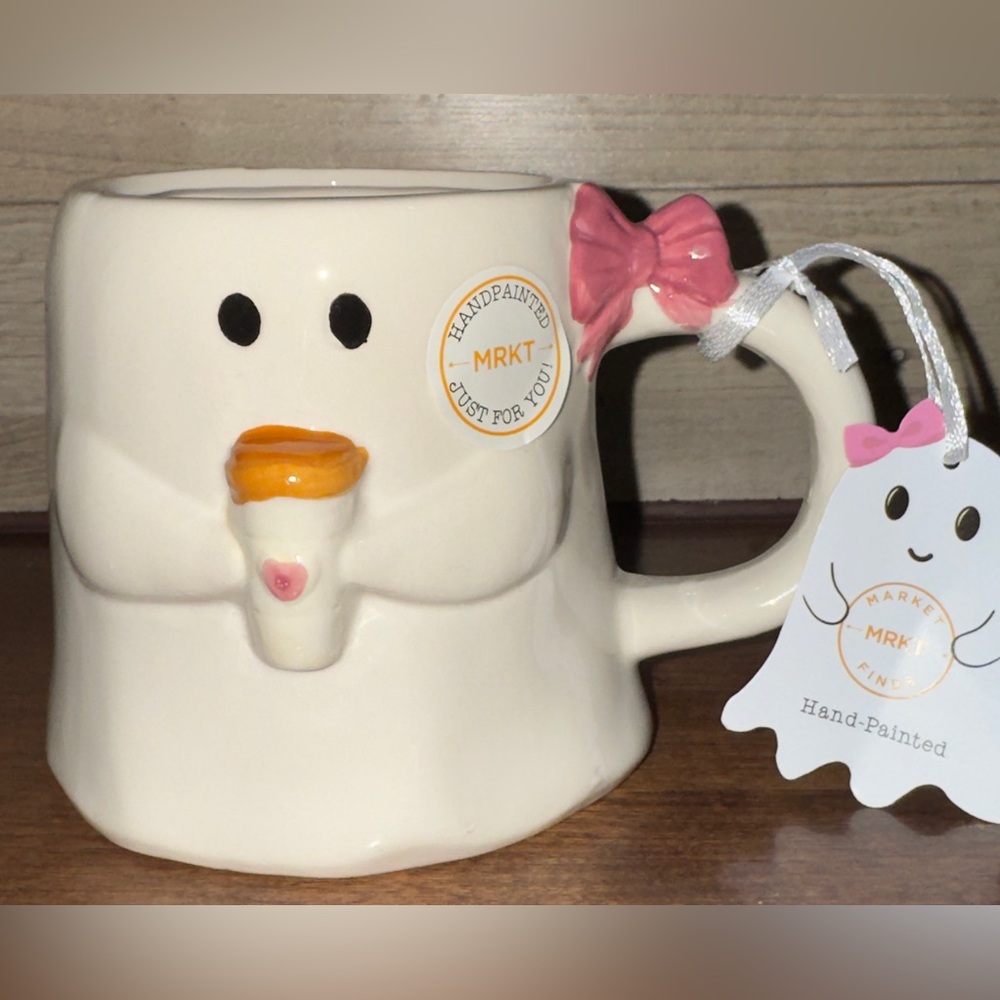 Super Cute Halloween Ghost Handcrafted Mug With A Pink Bow & A Bubble Tea  - New